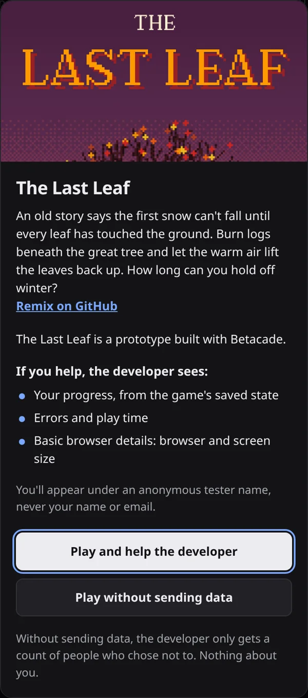 The welcome card on The Last Leaf's play page, on a phone: the cover, a short description, a Remix on GitHub link, and the choice to play and help the developer or play without sending data.